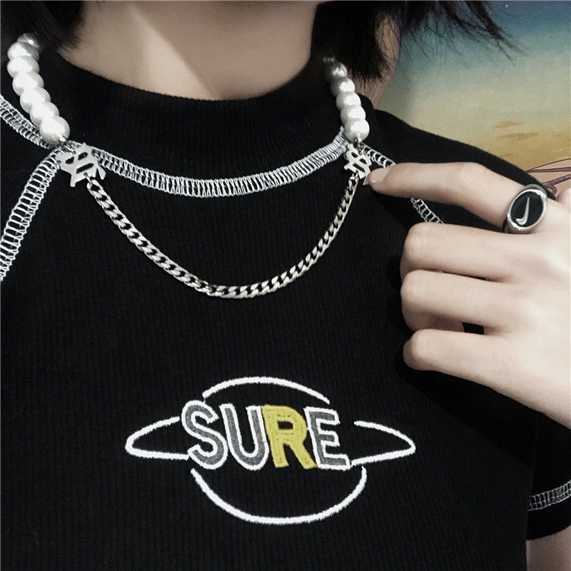 Dây chuyền phối hạt ngọc trai và mặt chữ phong cách hiphop Harajuku sành điệu cho nam và nữ 22169