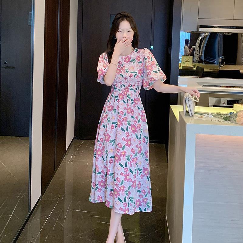 Váy hoa vitage, đầm hoa ulazzang chun eo tay phồng hai màu hồng, tím dễ thương
