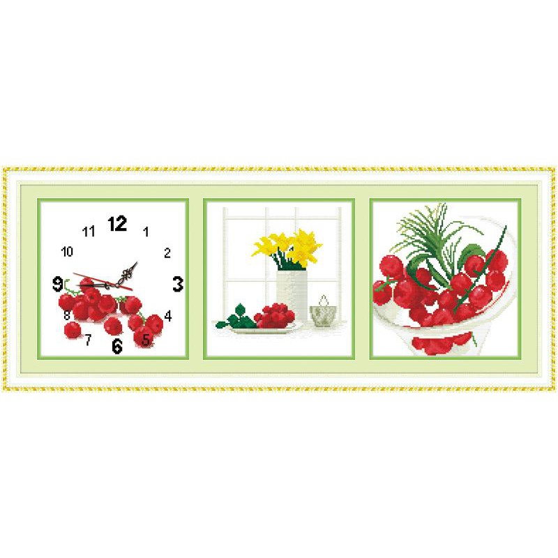 Tranh thêu chữ thập ĐỒNG HỒ Quả Anh Đào Ngọt 8473 (TRANH TỰ THÊU) KT:100X35CM