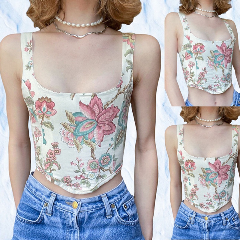 Áo Croptop Không Tay Nâng Ngực In Họa Tiết Hoa Có Thể Điều Chỉnh Cho Nữ
