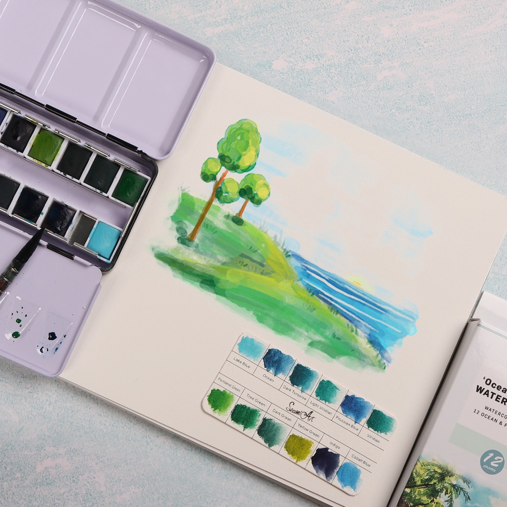 Set 12 màu nước SeamiArt với hộp kim loại chất lượng cao tiện dụng