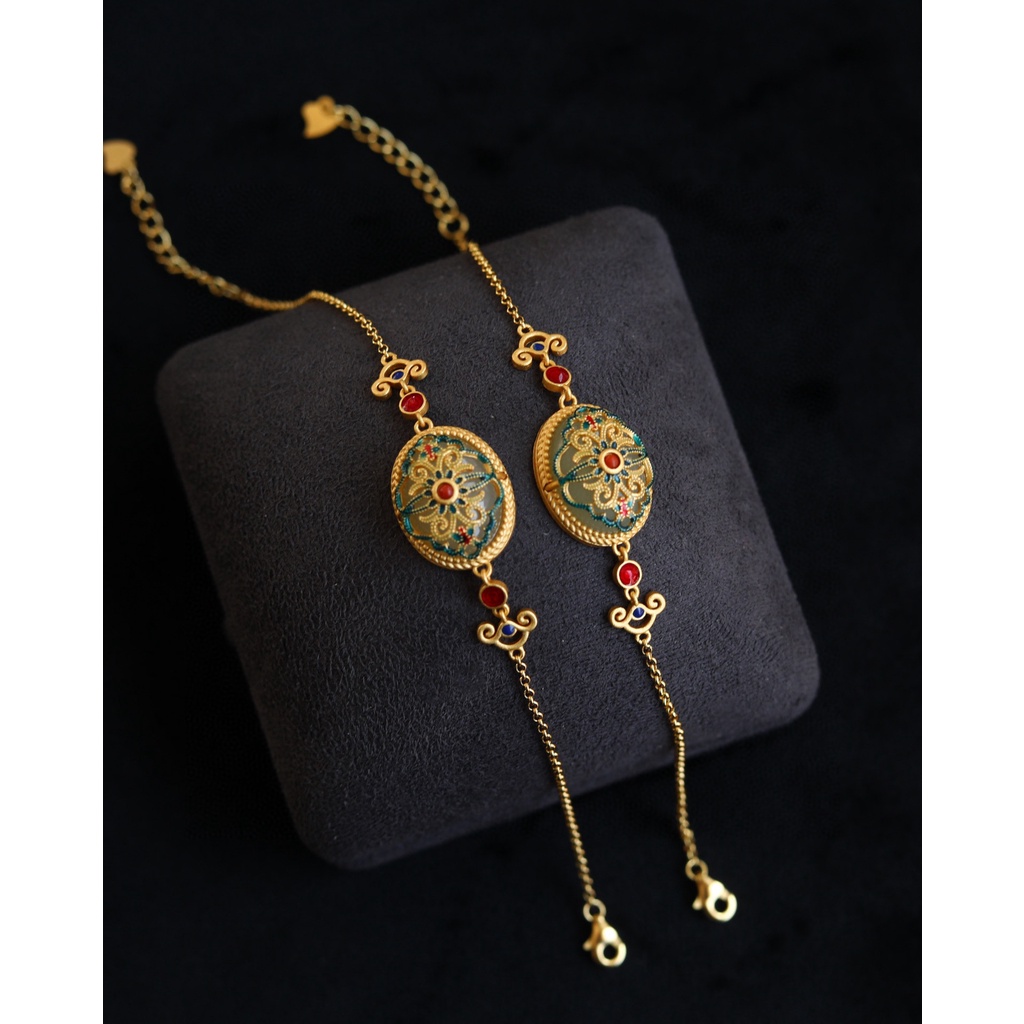 Vòng tay dây chuyền mặt hoa đính đá ngọc bích phong cách dân tộc cổ điển