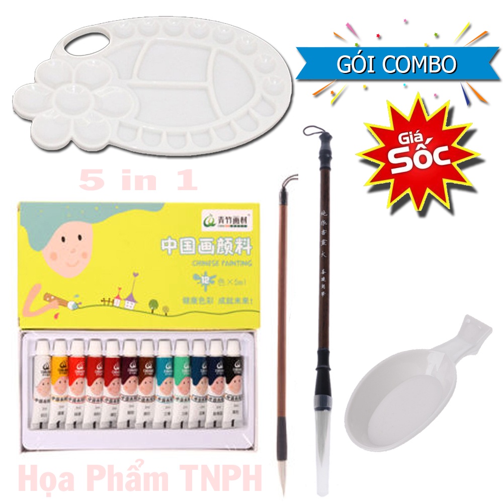 Combo Bộ Màu Vẽ Tranh Thủy Mạc Mỹ Thuật Trung Quốc 12 Màu 5ml Tặng Kèm Bảng Pha Màu 2 Bút LôngThư Pháp 1 Khay Đựng Mực