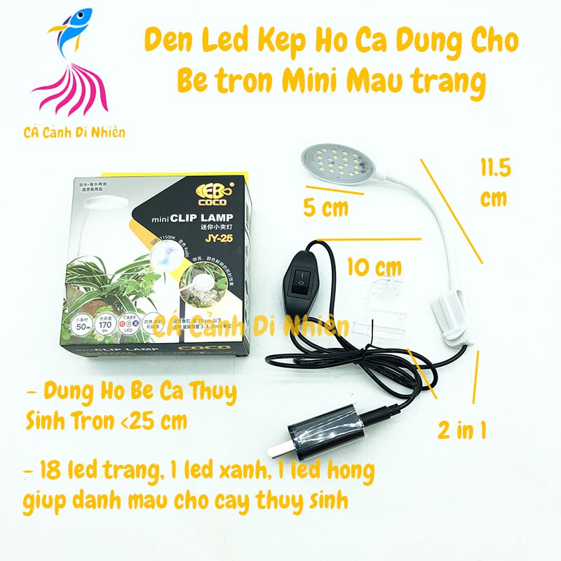 Đèn led kẹp hồ cá bể tròn mini màu trắng Clip Lamp JY-25 cho hồ 25 cm