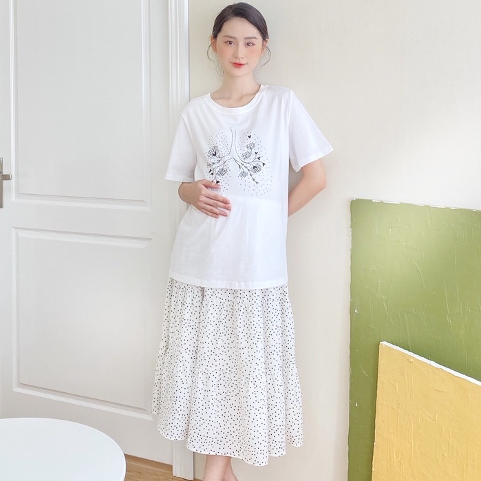 MEDYLA - Áo phông thun cotton cho bầu thoải mái mặc trong và sau sinh mặc kèm chân váy hoa xếp ly - ACT019