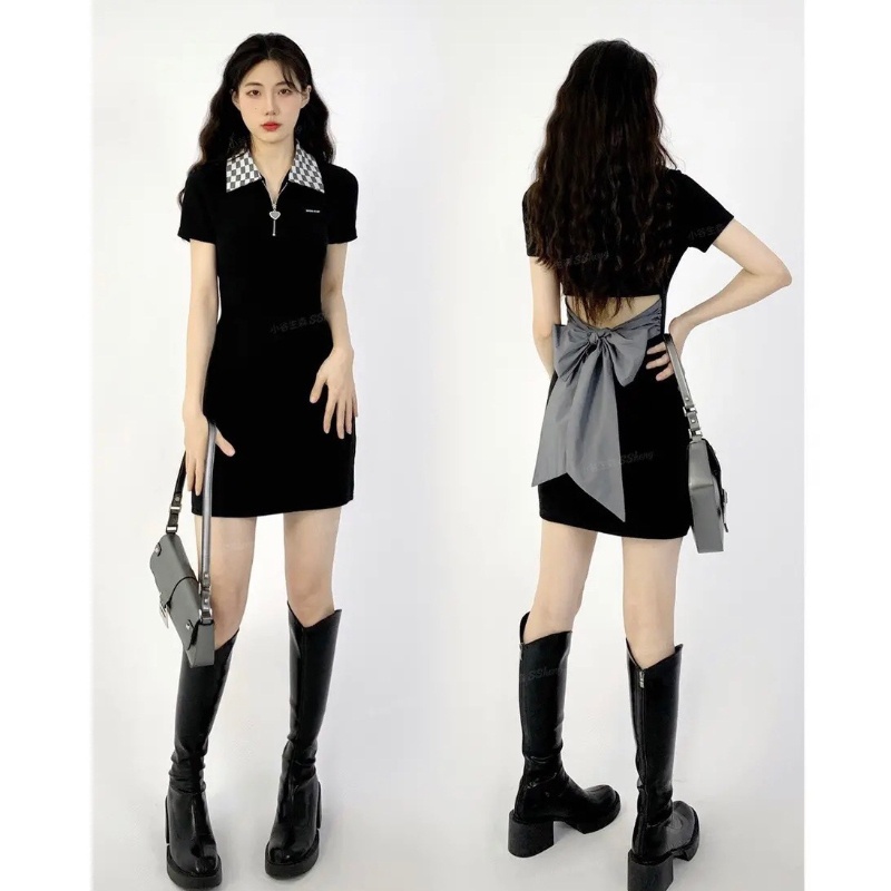 Đầm polo COZOKC tay ngắn thắt nơ lưng dễ thương thời trang