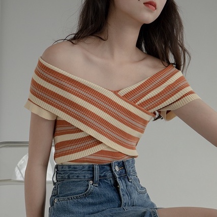 Áo dệt kim ZHELIHANGFEI ngắn tay cổ chữ V họa tiết kẻ sọc hợp thời trang