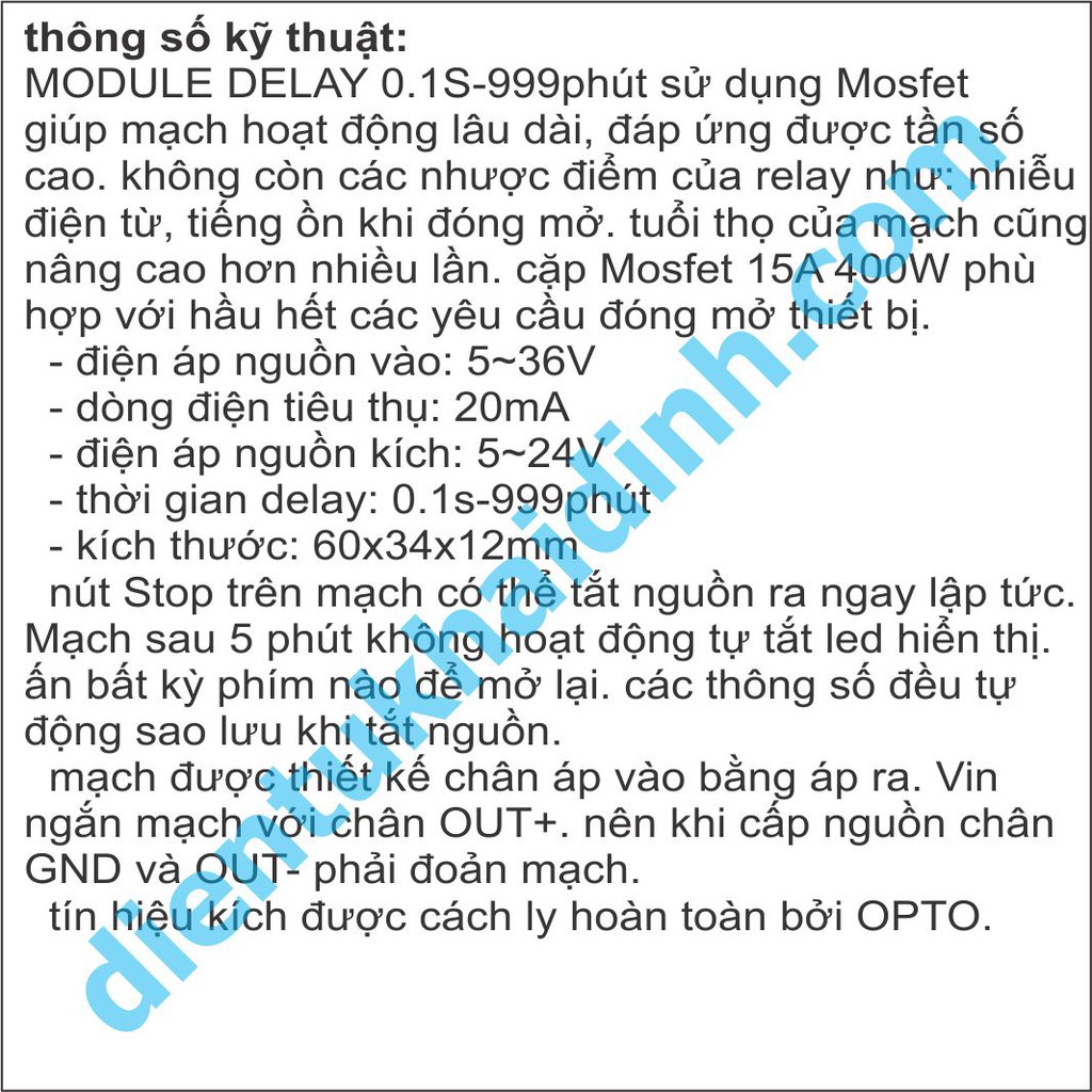 MODULE DELAY, đóng mở thiết bị 0.1S-999phút 3 LED 7 đoạn HIỂN THỊ, 4 PHÍM NHẬP, dùng MOSFET kde4900