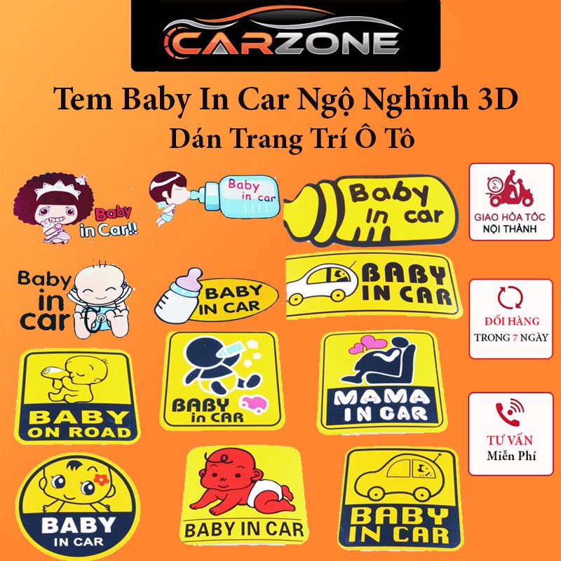Tem Baby In Car Ngộ Nghĩnh 3D Dán Trang Trí Ô Tô (Nhiều Mẫu) VERSION 2 CarZone.Top