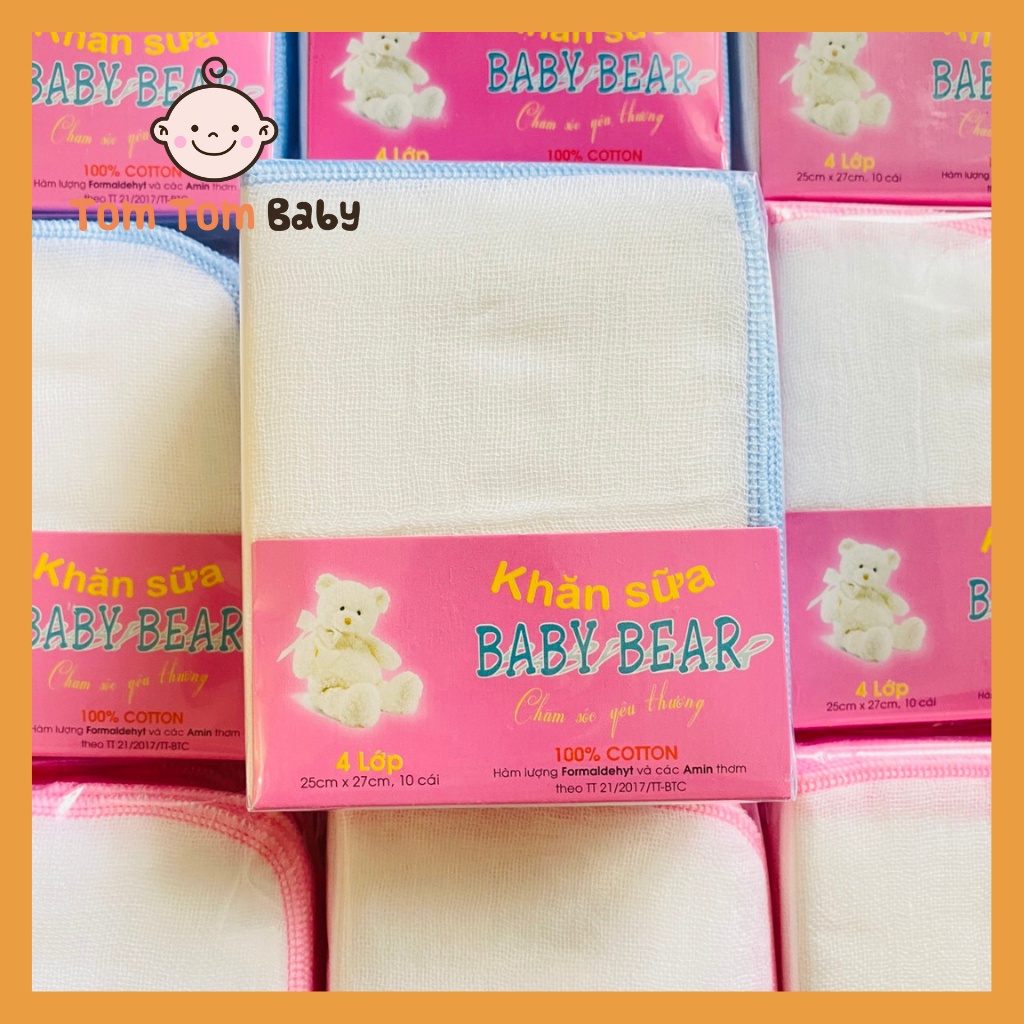 Túi 10 cái Khăn sữa 4 lớp sợi dày Baby Bear - Kích cỡ khăn 25x27 cm