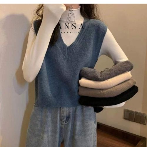 Áo len gile nữ kiểu dáng Hàn Quốc, áo gi lê nữ đen trắng xanh nâu