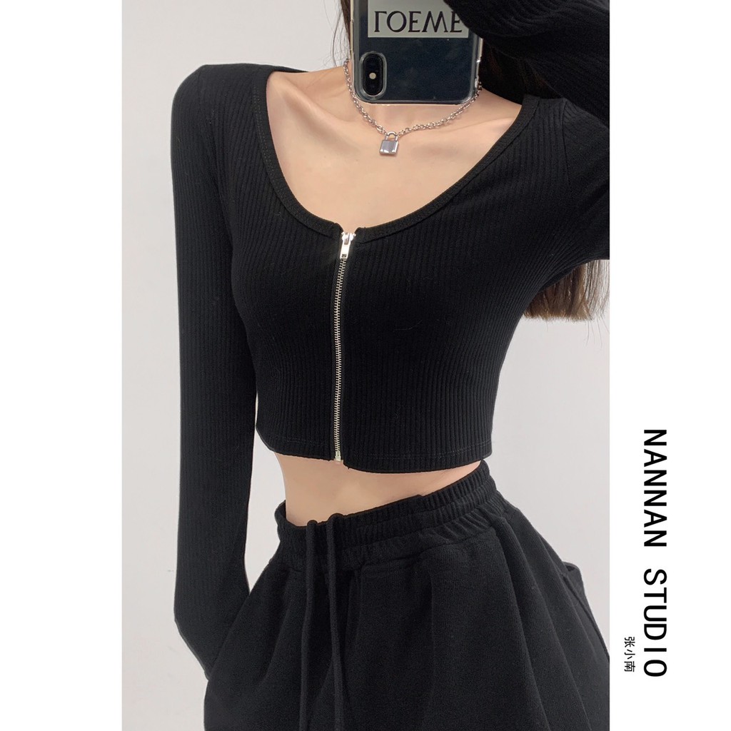 Áo Croptop Tay Dài Trơn Thiết Kế Khóa Kéo Độc Đáo Dành Cho Nữ