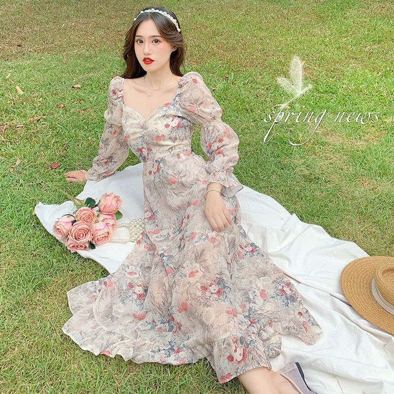 M136 - Váy voan hoa midi Ulzzang cổ V tay dáng dài viền bèo vintage phong cách cổ điển có Bigsize