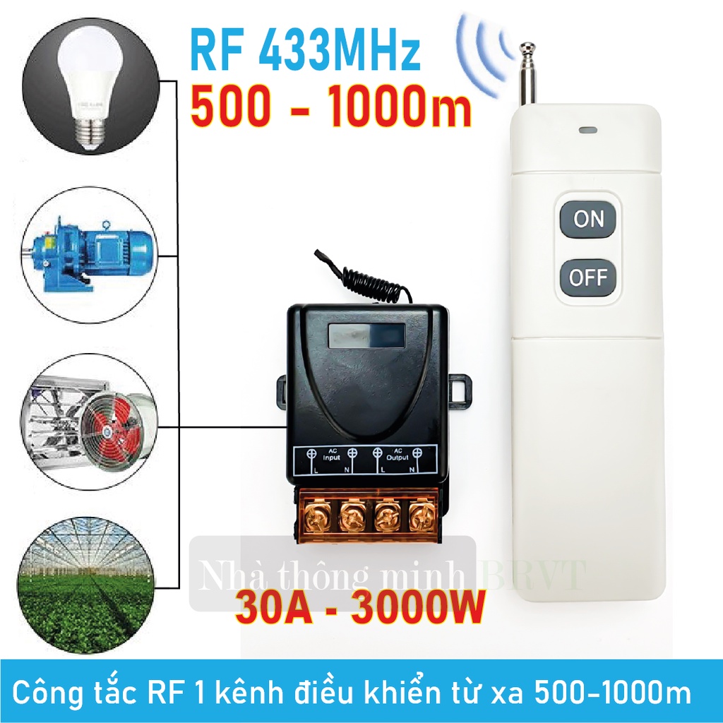 Công tắc điều khiển từ xa 220V 500-1000m công suất cao ngõ ra 30A bật tắt thiết bị chiếu sáng, máy bơm, quạt [RF-433MHz]