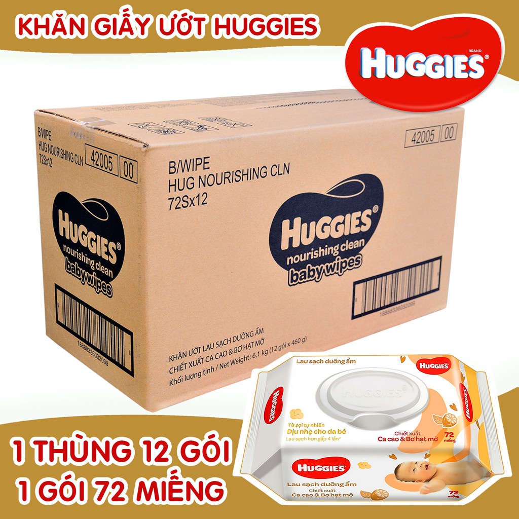 Thùng 12 gói Khăn giấy ướt Huggies cacao và bơ hạt mỡ 72 miếng/ bịt