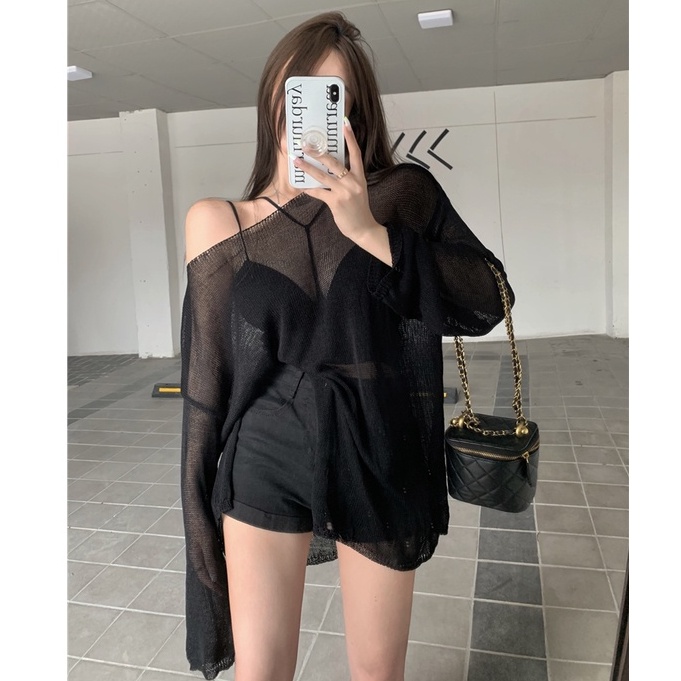 Bộ Áo Dệt Kim Tay Dài + Áo Hai Dây Chống Nắng Màu Trong Suốt Phong Cách Hàn Quốc Thời Trang Mùa Hè Cho Bạn Gái