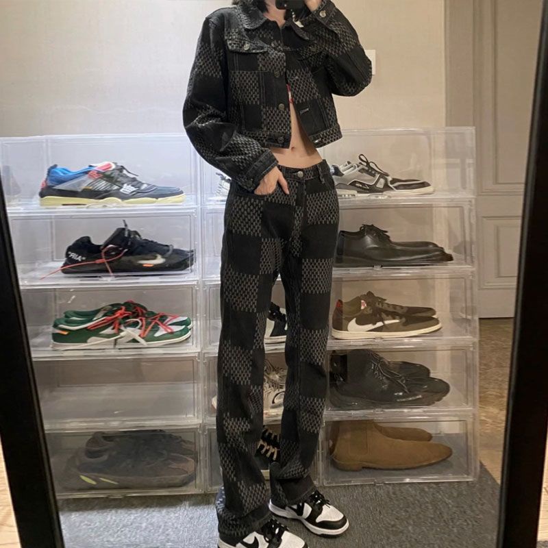 Set Áo Khoác Denim + Quần Dài Lưng Cao Ống Đứng Họa Tiết Sọc Caro Phong Cách Mỹ Thời Trang Mùa Thu Cho Nữ