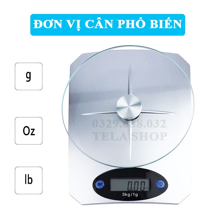 Cân Tiểu Ly Nhà Bếp 5kg 1g Mặt Kính Cường Lực Dễ Lau Chùi Tặng Kèm Pin Tela Shop