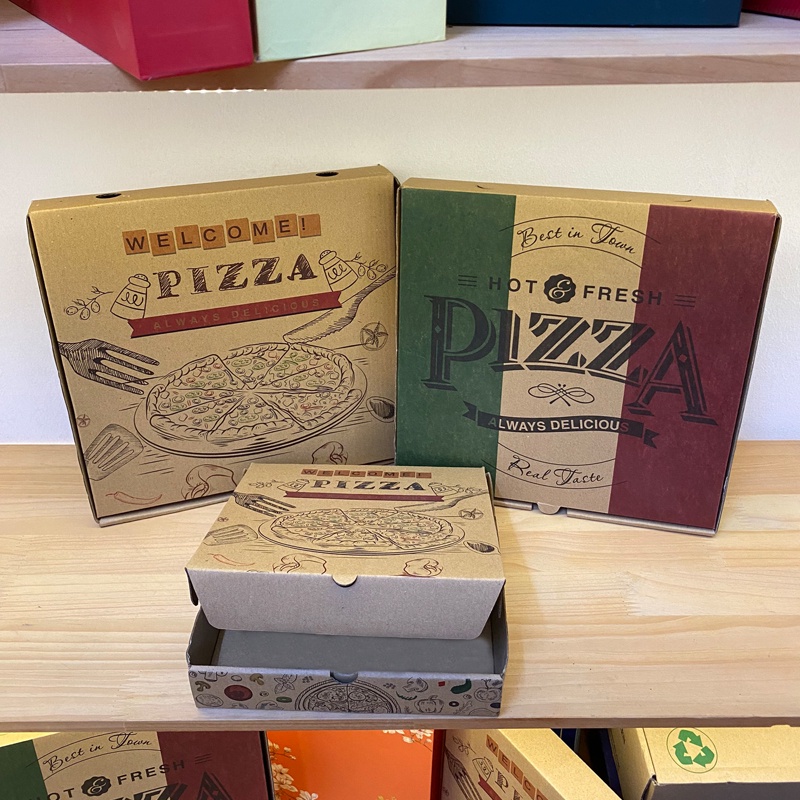 Combo 100 hộp pizza in sẵn kích cỡ 20, 23, 27cm, màu sắc đẹp, hộp cứng cáp hiện đại, không mùi, an toàn thực phẩm