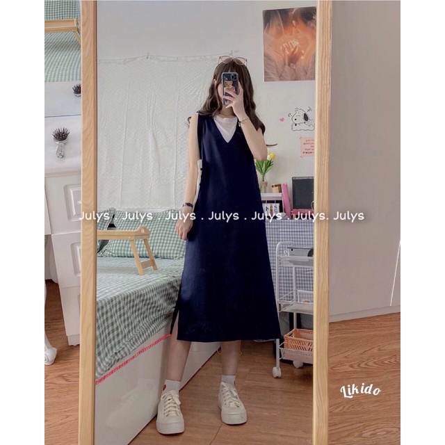 Đầm midi yếm sát nách trơn màu xanh và màu đen | BigBuy360 - bigbuy360.vn