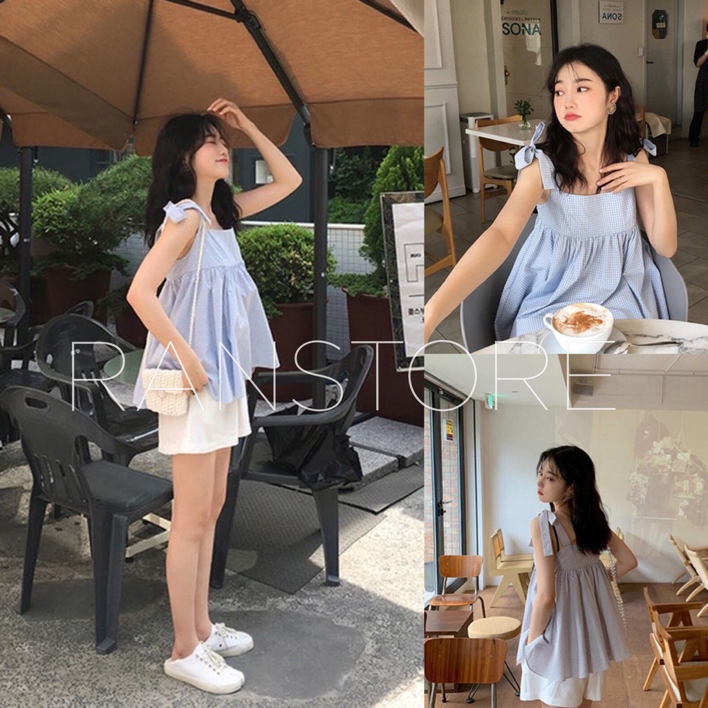 Set Áo Babydoll 2 Dây Buộc Nơ Caro Quần Sooc Trắng 🌸 Bộ Áo 2 Dây Kèm Quần Short Kaki Ống Rộng_ranstore