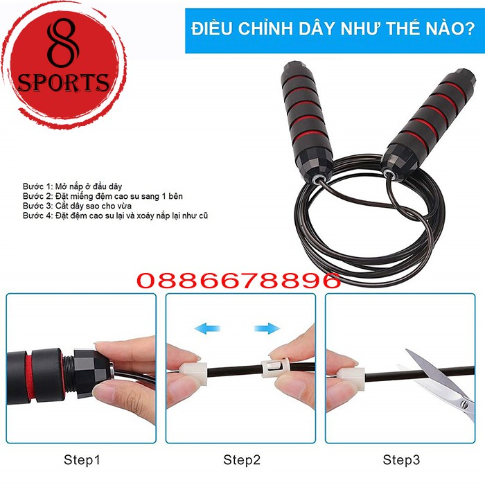 Dây nhảy lõi cáp thép, &quot;Chất lượng-Bền-Đẹp-Rẻ vô địch&quot; 8sport, có tạ sắt, dây cáp bán lẻ