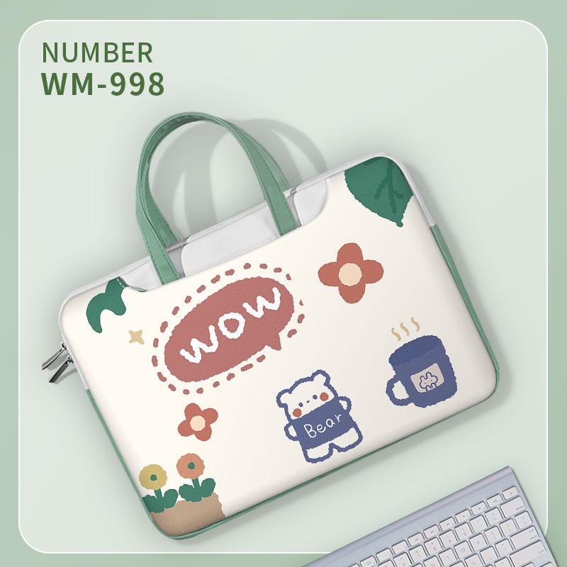 Túi đựng máy tính xách tay phong cách dễ thương Tay cầm màu xanh lá cây Túi chống sốc 13-17 inch Túi đựng Túi xách Balo máy tính xách tay