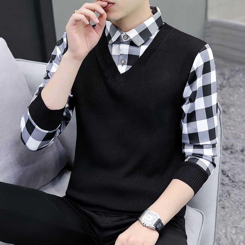 # Áo Khoác Nam# Cổ Áo Sơ Mi Giả Hai Lớp Thời Trang Thu Đông Cho Nam# Áo Sweater Dệt Kim Phong Cách Thời Trang Hàn Quốc