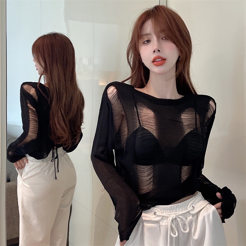 Porozi  Áo sweater dệt kim tay dài thiết kế rách phong cách Hàn Quốc thời trang cá tính cho nữ