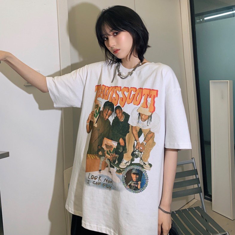 Happy-store  Áo Thun TRAVIS SCOTT Tay Ngắn In Hình Cá Tính Phong Cách Hip Hop Hàn Quốc