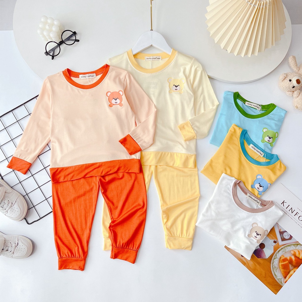 [Bé 20-33kg] Bộ dài tay thun lạnh màu trơn in gấu Minky Mom mềm mịn mát cho bé trai bé gái - HÀNG LOẠI 1