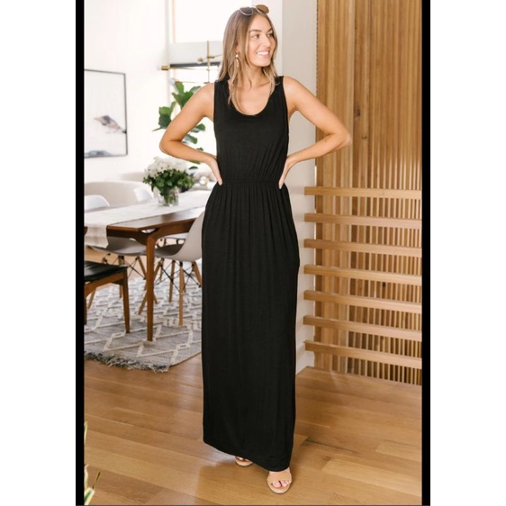 Đầm maxi đen sát nách cổ V sexy VNXK đầm dáng dài chất thun mềm màu trơn xuất khẩu dư xịn