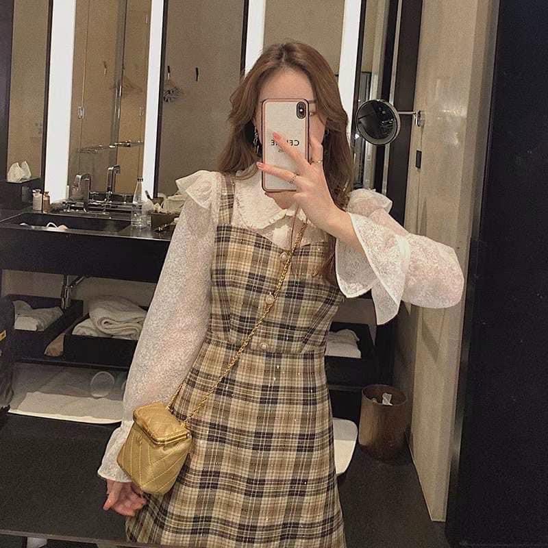 SET YẾM CARO KÈM ÁO REN HOA TAY LOE