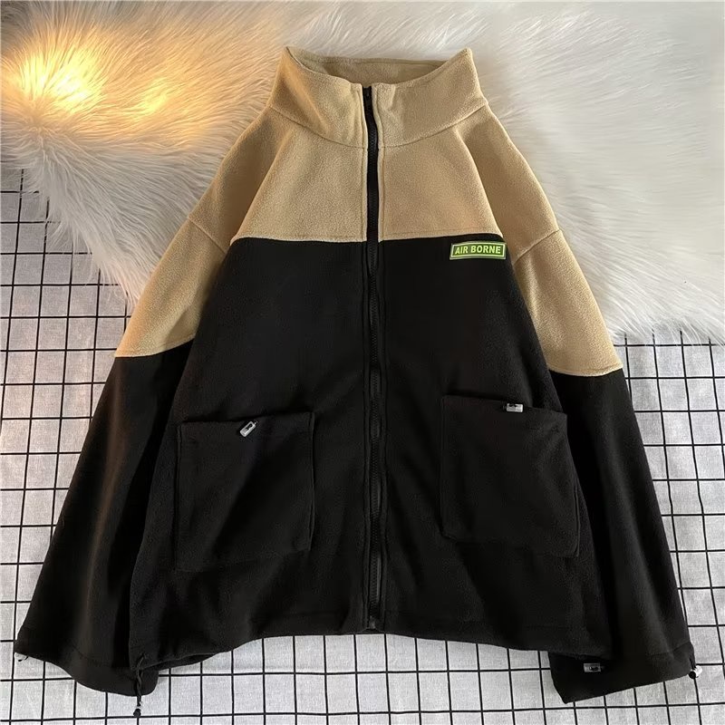 Áo Khoác Hoodie Dáng Rộng Phối Khóa Kéo Kiểu Retro Đường Phố Mỹ Cá Tính