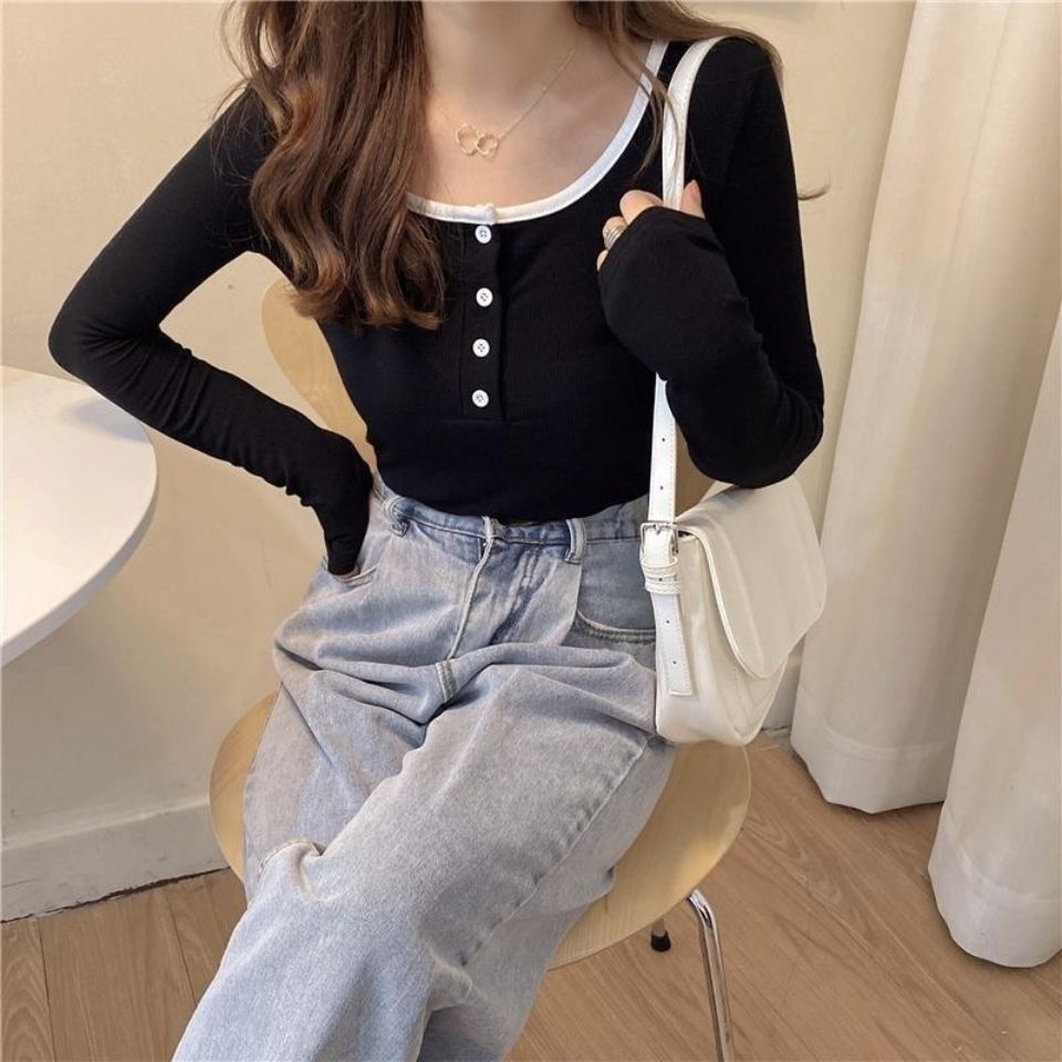 Áo thun cotton dài tay cổ chữ U mùa thu