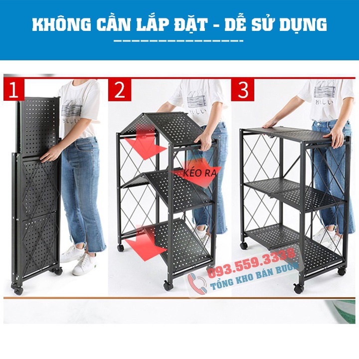 Kệ để đồ đa năng gấp gọn 3 tầng có bánh xe -  Để lò vi sóng nhà bếp - Kệ đa năng trang trí nhà cửa - Hai Màu Lựa Chọn