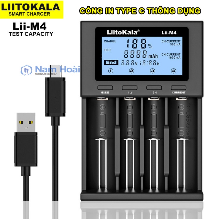 Bộ sạc pin thông minh LIITOKALA LII-M4 với 4 ô cho pin 18650 26650 14500 AA AAA