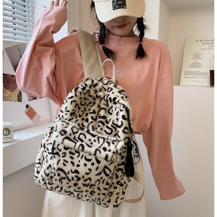 Cặp đi học nữ xinh lông cừu màu loang thời trang, Balo lưng da cao cấp bền bỉ, quà tặng bạn bè người thân ý nghĩa