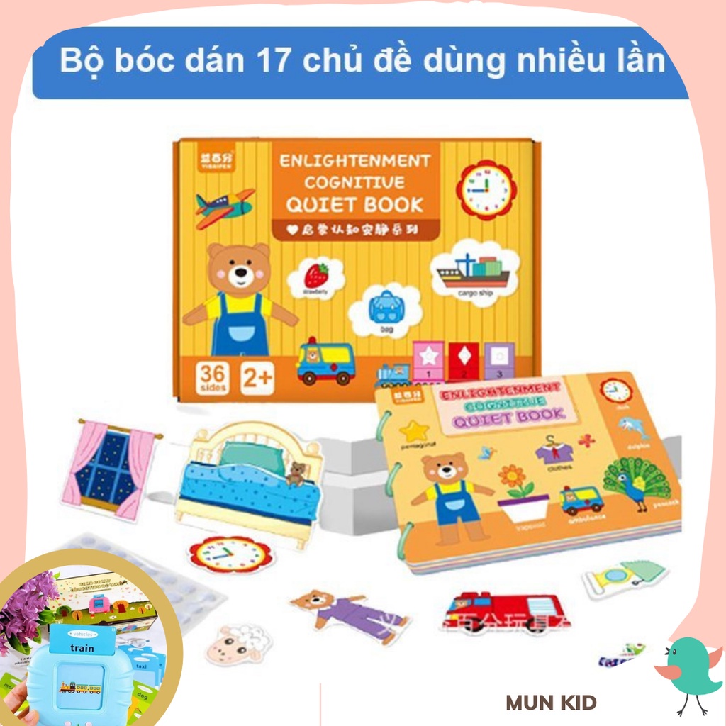 Đồ chơi giáo dục sớm - Bộ bóc dán hình gấu vàng 17 chủ đề song ngữ Anh Việt Quiet Book giúp bé phát triển IQ
