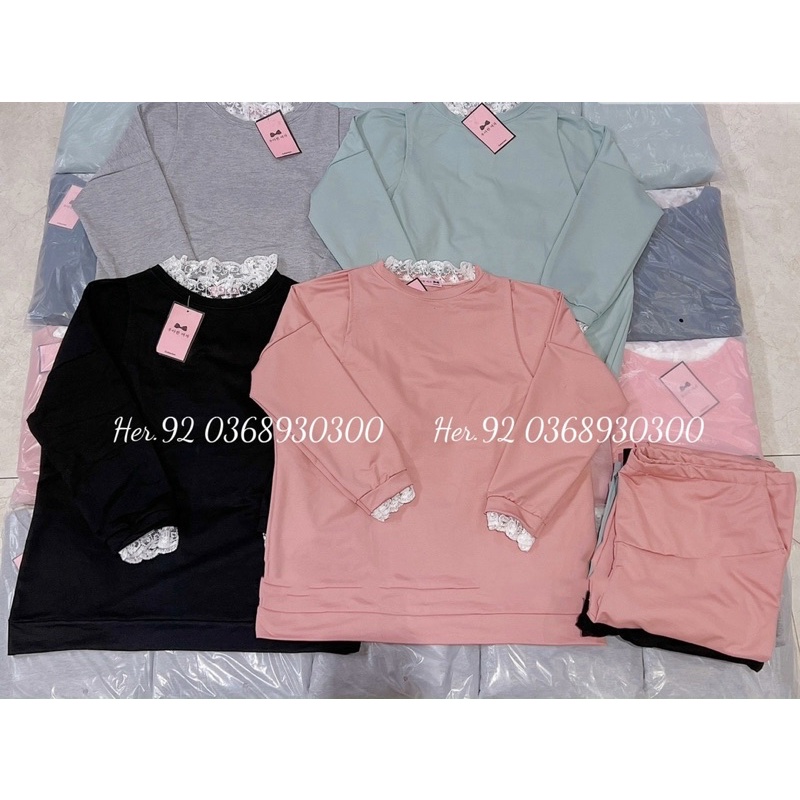 Bộ Cotton Da Cá Phối Ren Mặc Thu Đông Cho Bầu Và Sau Sinh