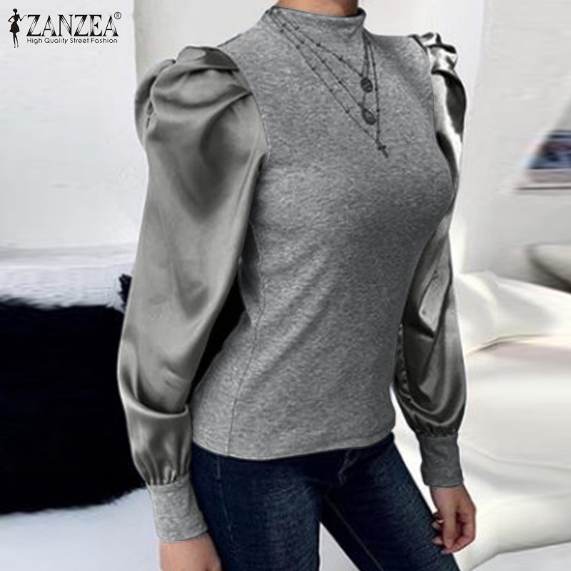 Áo ZANZEA Thiết Kế Tay Phồng Cổ Cao Co Giãn Thời Trang Cho Nữ