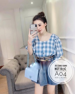 Bigsize Áo caro xanh nút bọc A04