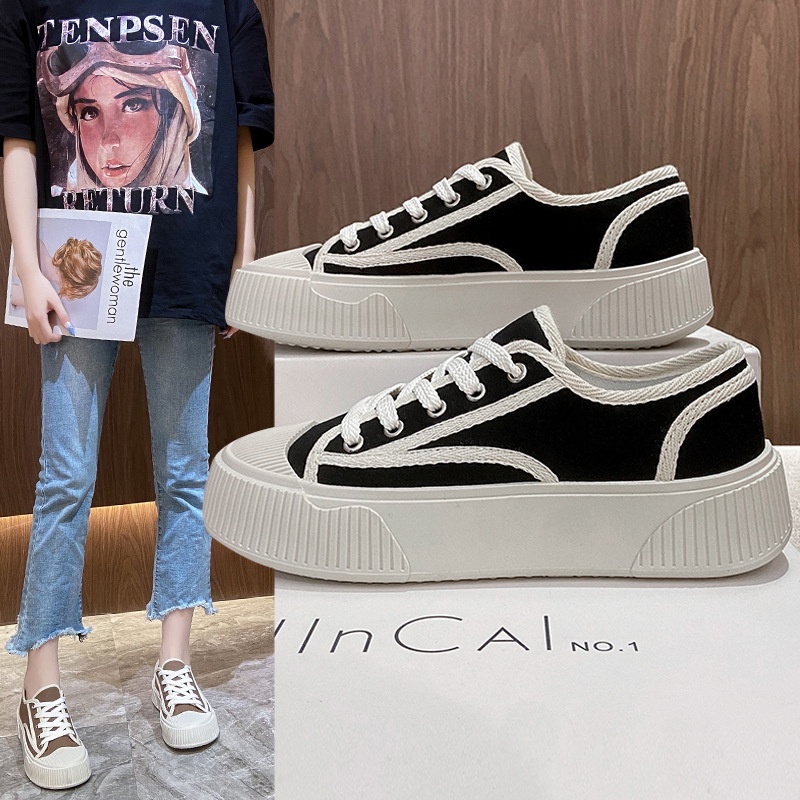 Giày nữ đế bằng bánh mì basic độn đế 4cm vải canvas bata mới hot phong cách retro ulzzang đẹp cá tính, Sneaker nữ 2021