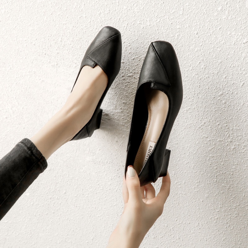 Giày Cao Gót Mũi Vuông Gót Vừa Dày Dặn Màu Sắc Nude Thời Trang Xuân Thu Cho Nữ