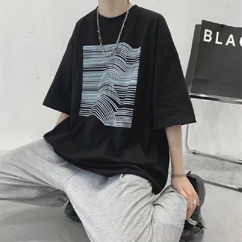 Áo Thun Tay Ngắn Dáng Rộng In Họa Tiết Kẻ Sọc Phong Cách Hip Hop Hàn Quốc Thời Trang Cho Nam