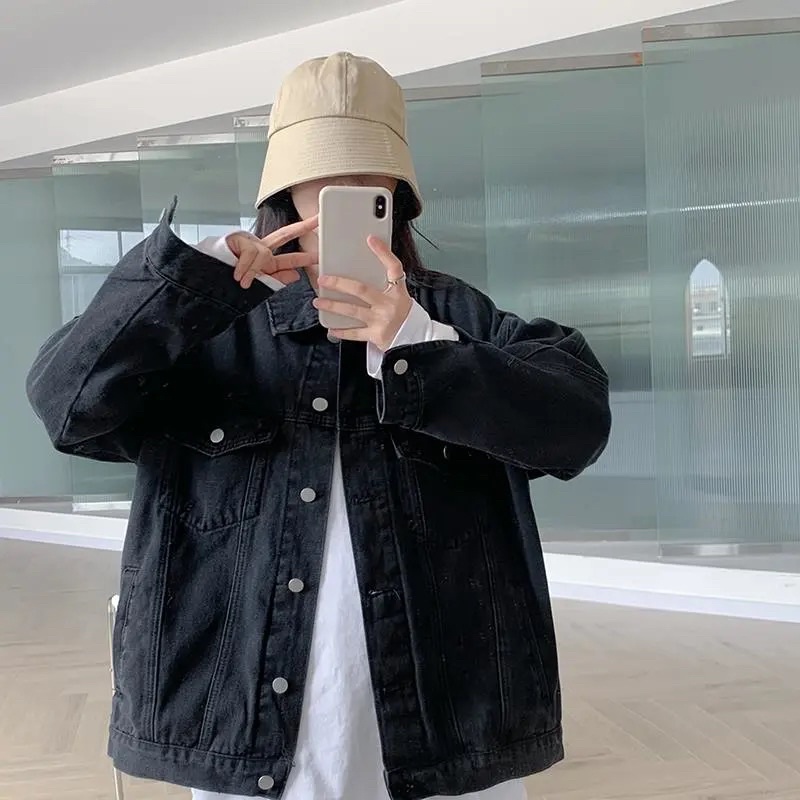 Áo Khoác Jean Dài Tay Màu Đen, Áo Denim Bò Có Cổ Cài Cúc Loại 1 Hàng Quảng Châu Phong Cách Ulzzang Cá Tính Basic
