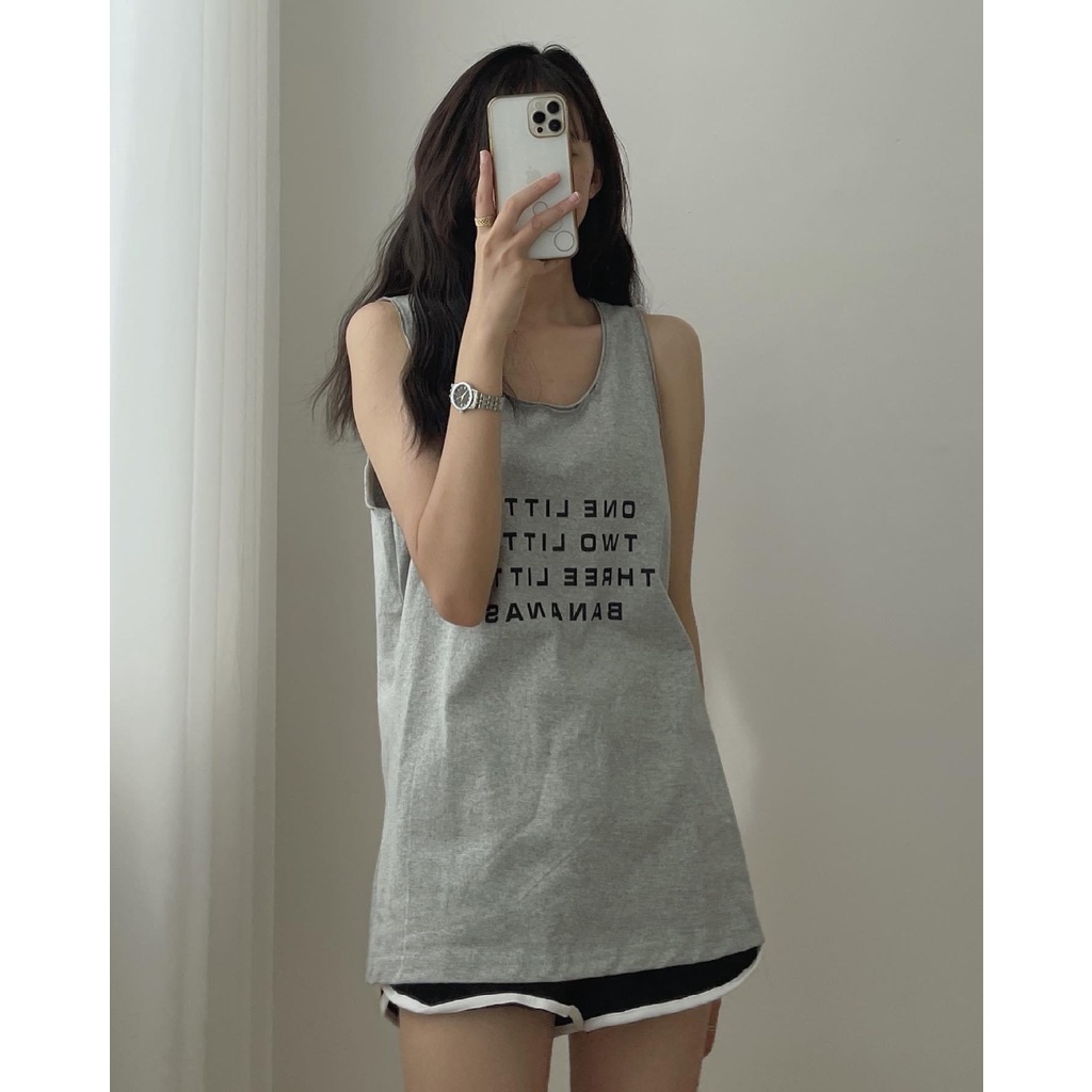 Set Tanktop Chữ Kèm Quần Short In Chữ Đen Xám Trắng - Bộ Áo Ba Lỗ Thể Thao Bananas Phối Màu Quần Đùi Viền