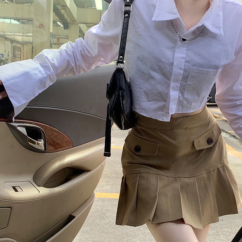 Set áo sơ mi + chân váy ngắn lưng cao dáng ôm thời trang xuân thu mới 2021 cho nữ
