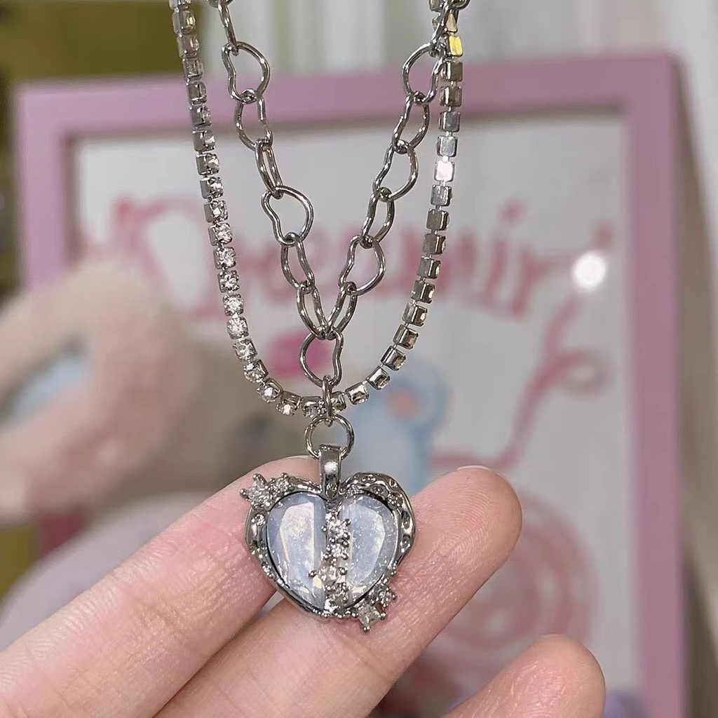 IF ME Vòng cổ Mạ Bạc Nhiều Lớp Mặt Trái Tim Đính Đá Pha Lê Thời Trang Cho Nữ