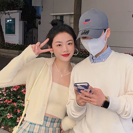 Porozi  Set áo hai dây dệt kim và áo cardigan  giả lông chồn dáng rộng màu xanh dương phong cách Hàn Quốc retro cho nữ